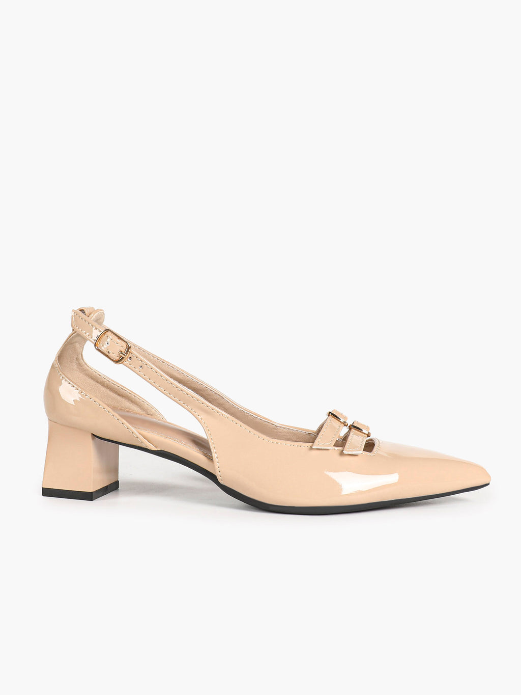 Nude Patent Pointed-Toe Slingback Pumps with Double Buckle Straps and Block Heel