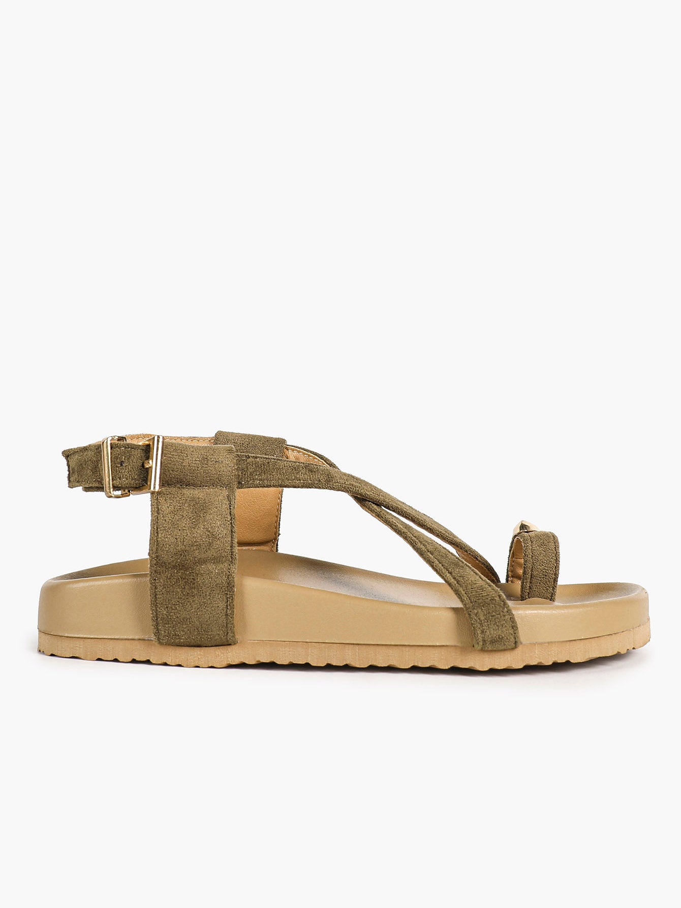 Olive Suede Crisscross Strap Sandals with Gold-Tone Hardware