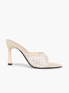Pink Lace Embroidered Pointed Toe Mule Heels Slip-On Wide Strap Block Heels with Soft Insole