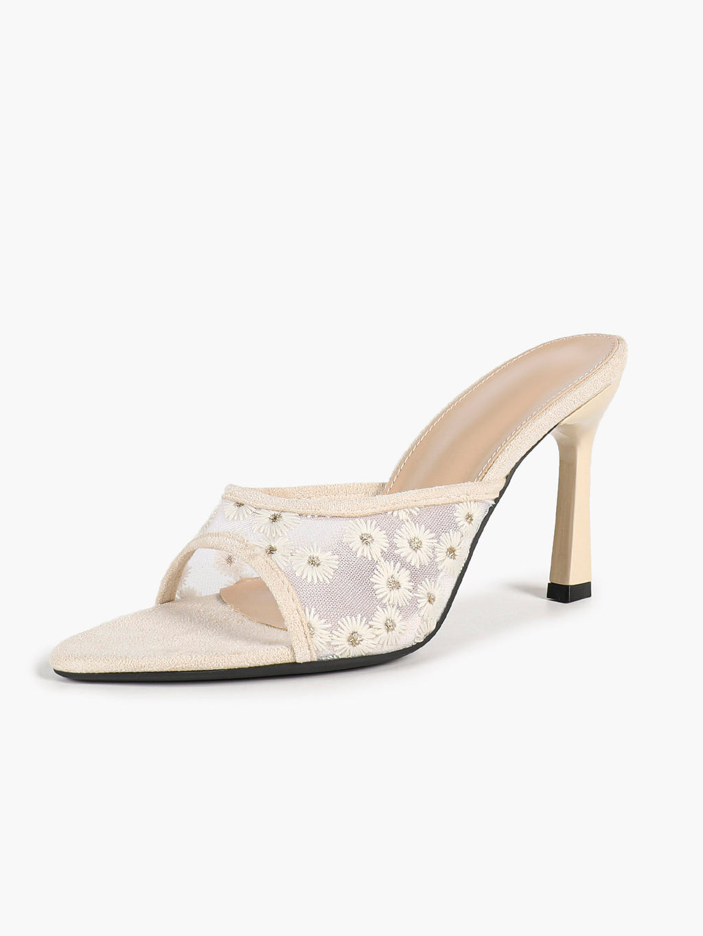 Pink Lace Embroidered Pointed Toe Mule Heels Slip-On Wide Strap Block Heels with Soft Insole