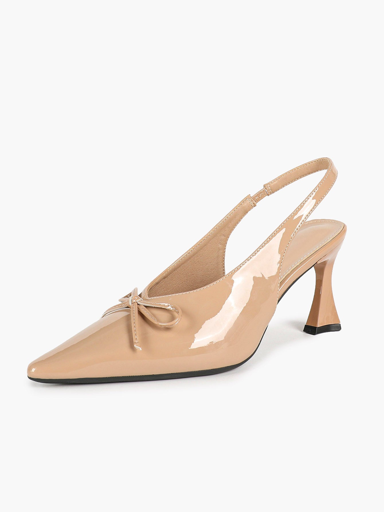 The Parisian Bow: Nude Patent Slingback Heels with a Flared 2.95" Heel