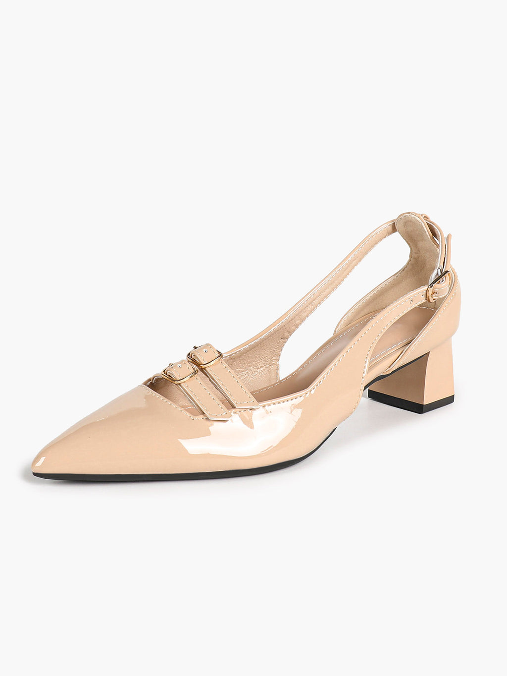 Nude Patent Pointed-Toe Slingback Pumps with Double Buckle Straps and Block Heel