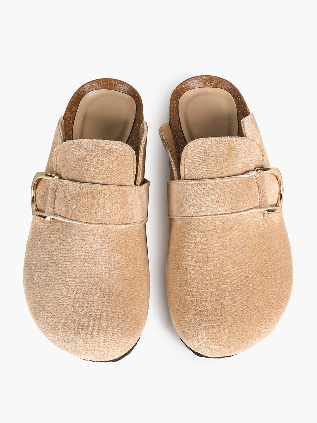 Beige Suede Slip-On Mules with Gold-Tone Arch Buckle and Cushioned Sole