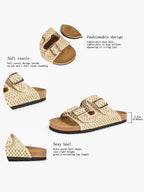 Cream Woven Double-Strap Platform Slides with Gold-Tone Hardware