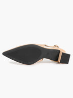 Nude Patent Pointed-Toe Slingback Pumps with Double Buckle Straps and Block Heel