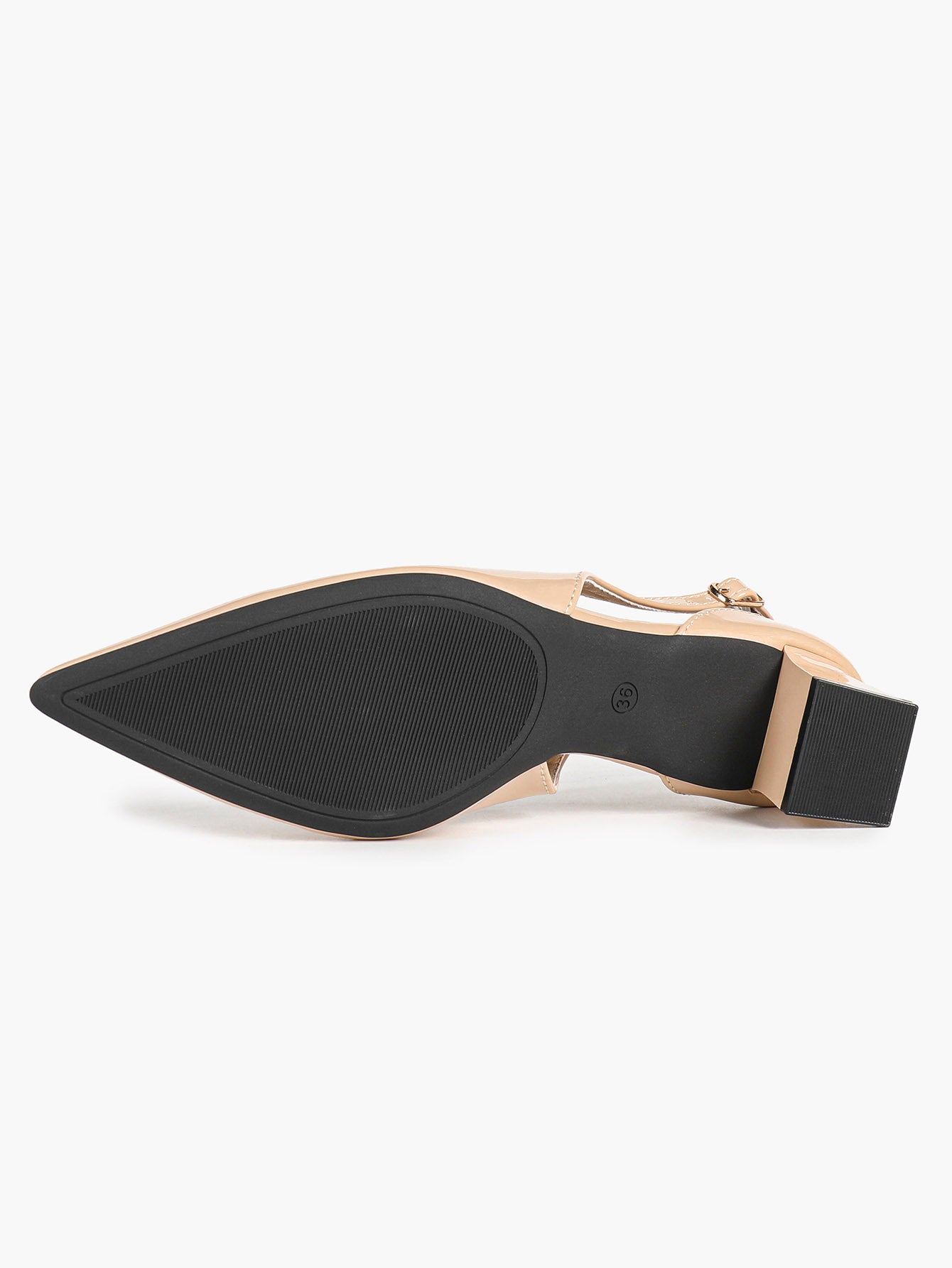 Nude Patent Pointed-Toe Slingback Pumps with Double Buckle Straps and Block Heel