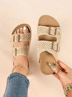 Cream Woven Double-Strap Platform Slides with Gold-Tone Hardware