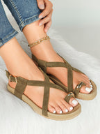 Olive Suede Crisscross Strap Sandals with Gold-Tone Hardware