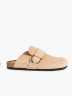 Beige Suede Slip-On Mules with Gold-Tone Arch Buckle and Cushioned Sole