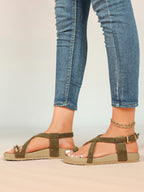 Olive Suede Crisscross Strap Sandals with Gold-Tone Hardware