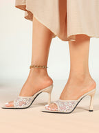 Pink Lace Embroidered Pointed Toe Mule Heels Slip-On Wide Strap Block Heels with Soft Insole