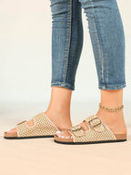 Cream Woven Double-Strap Platform Slides with Gold-Tone Hardware