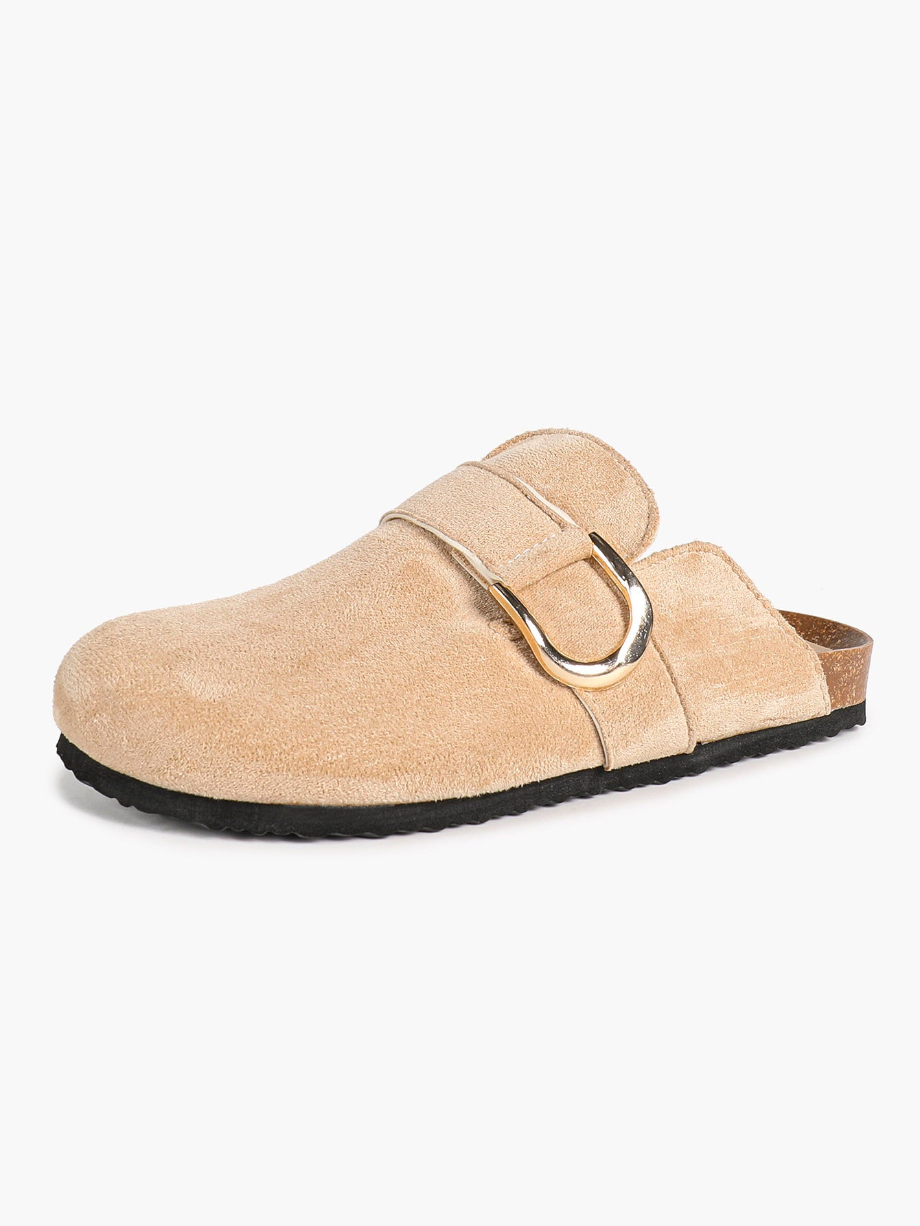 Beige Suede Slip-On Mules with Gold-Tone Arch Buckle and Cushioned Sole