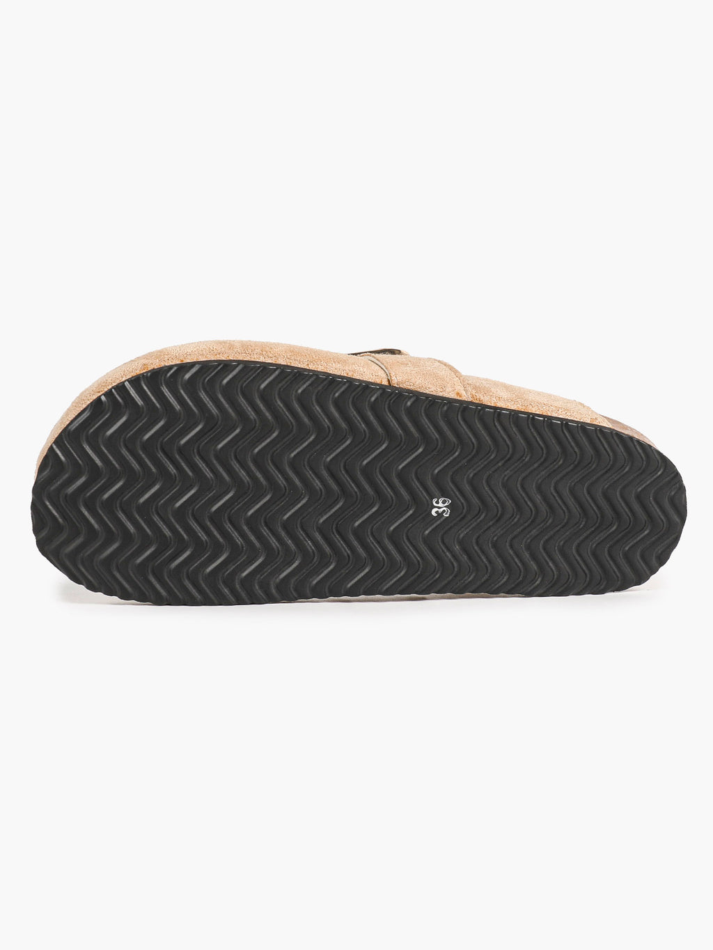 Beige Suede Slip-On Mules with Gold-Tone Arch Buckle and Cushioned Sole
