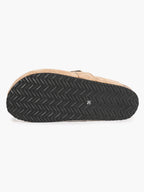 Beige Suede Slip-On Mules with Gold-Tone Arch Buckle and Cushioned Sole