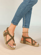 Olive Suede Crisscross Strap Sandals with Gold-Tone Hardware