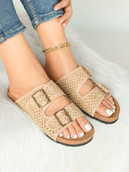 Cream Woven Double-Strap Platform Slides with Gold-Tone Hardware