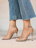 Black Patent Leather Ankle Strap Heeled Sandals Square Toe Stiletto Pumps