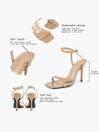 Black Patent Leather Ankle Strap Heeled Sandals Square Toe Stiletto Pumps