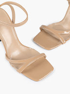 Black Patent Leather Ankle Strap Heeled Sandals Square Toe Stiletto Pumps