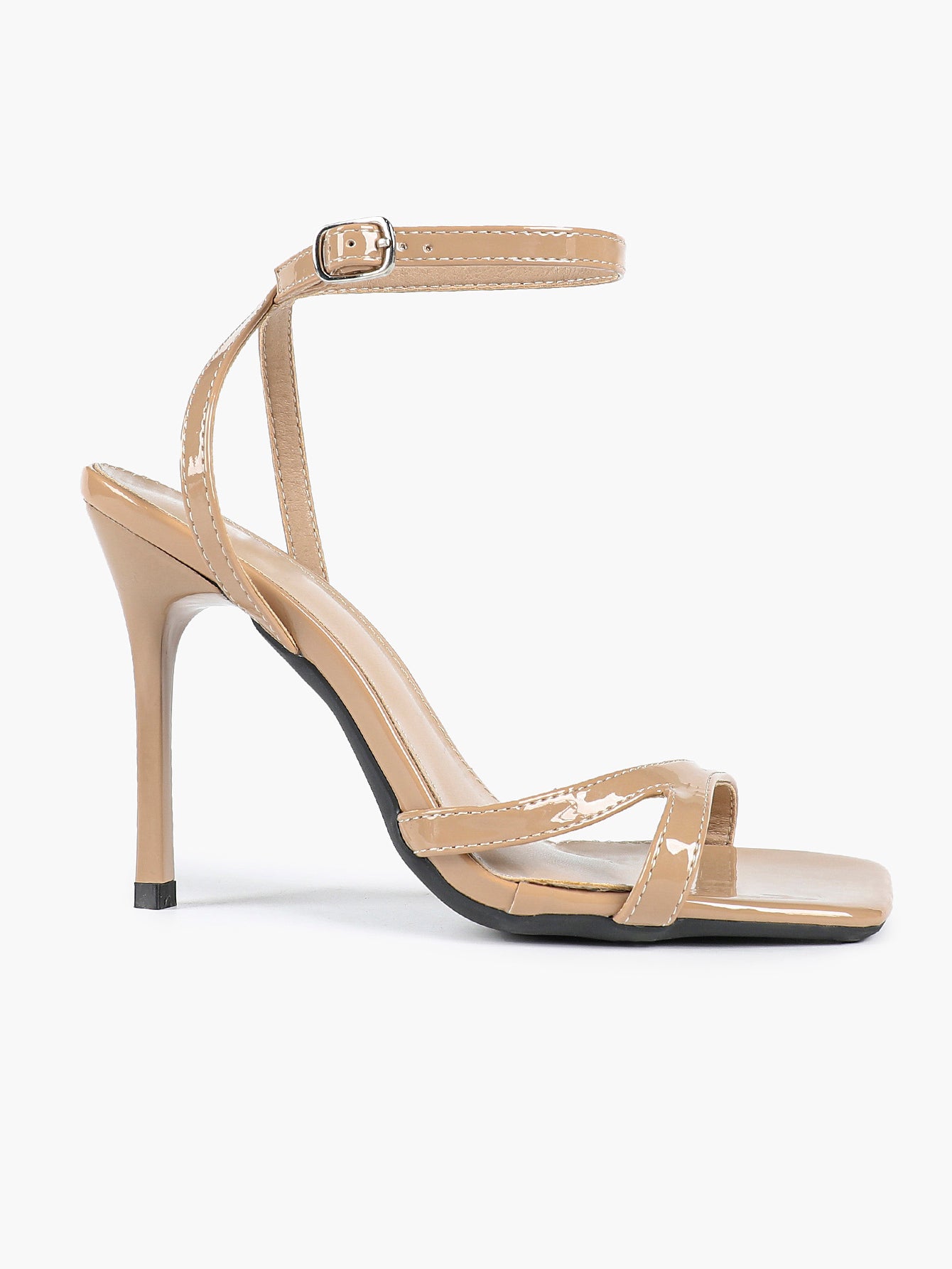 Black Patent Leather Ankle Strap Heeled Sandals Square Toe Stiletto Pumps