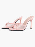 Pink Mesh Panel Bow Square Toe Heeled Mules Stiletto Slide Sandals Party Daily Wear