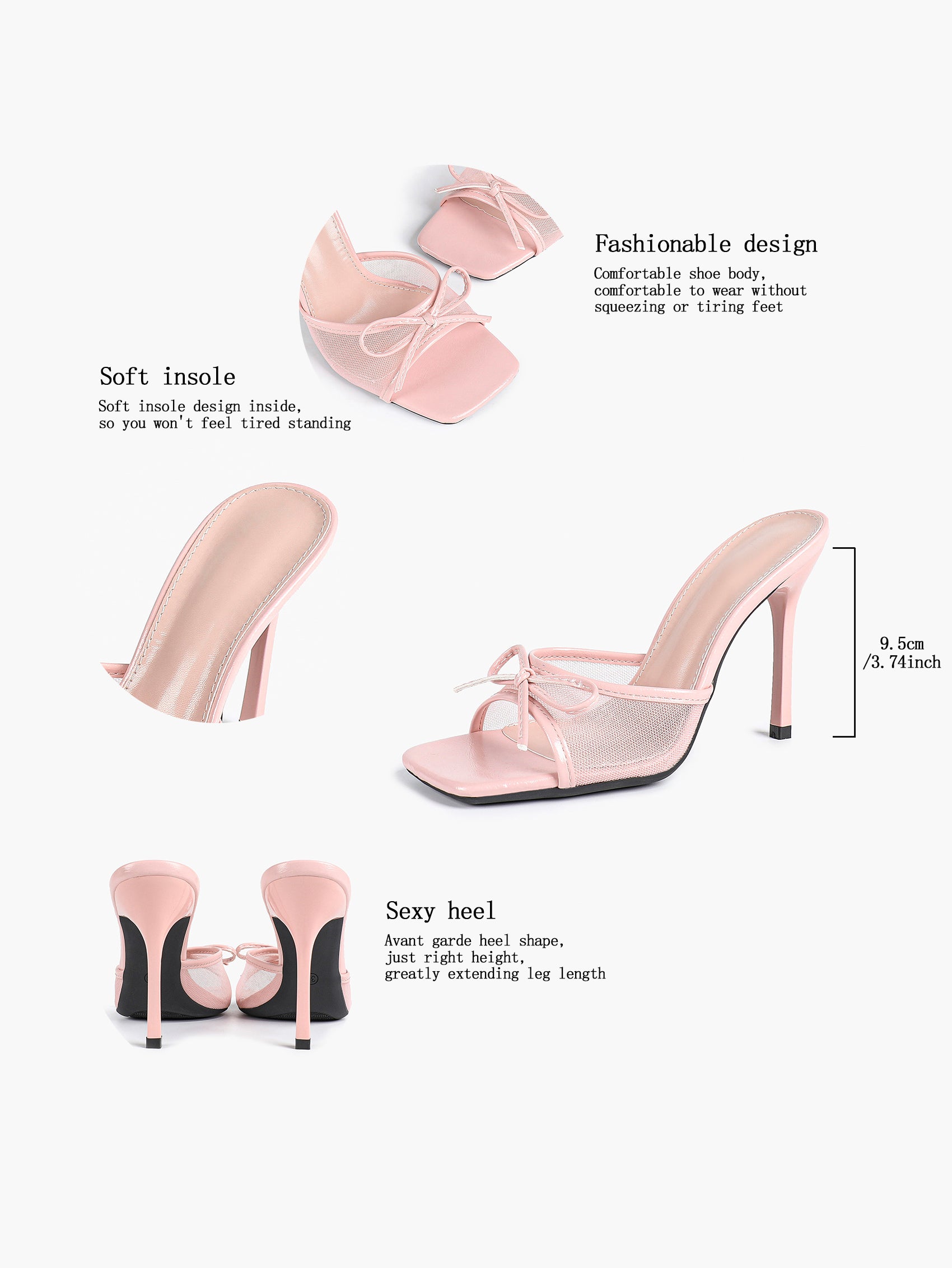 Pink Mesh Panel Bow Square Toe Heeled Mules Stiletto Slide Sandals Party Daily Wear