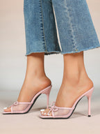 Pink Mesh Panel Bow Square Toe Heeled Mules Stiletto Slide Sandals Party Daily Wear
