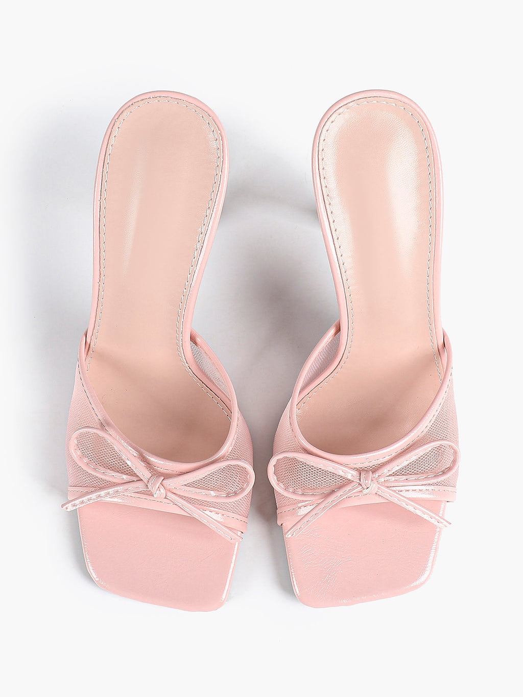 Pink Mesh Panel Bow Square Toe Heeled Mules Stiletto Slide Sandals Party Daily Wear