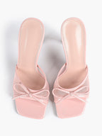 Pink Mesh Panel Bow Square Toe Heeled Mules Stiletto Slide Sandals Party Daily Wear