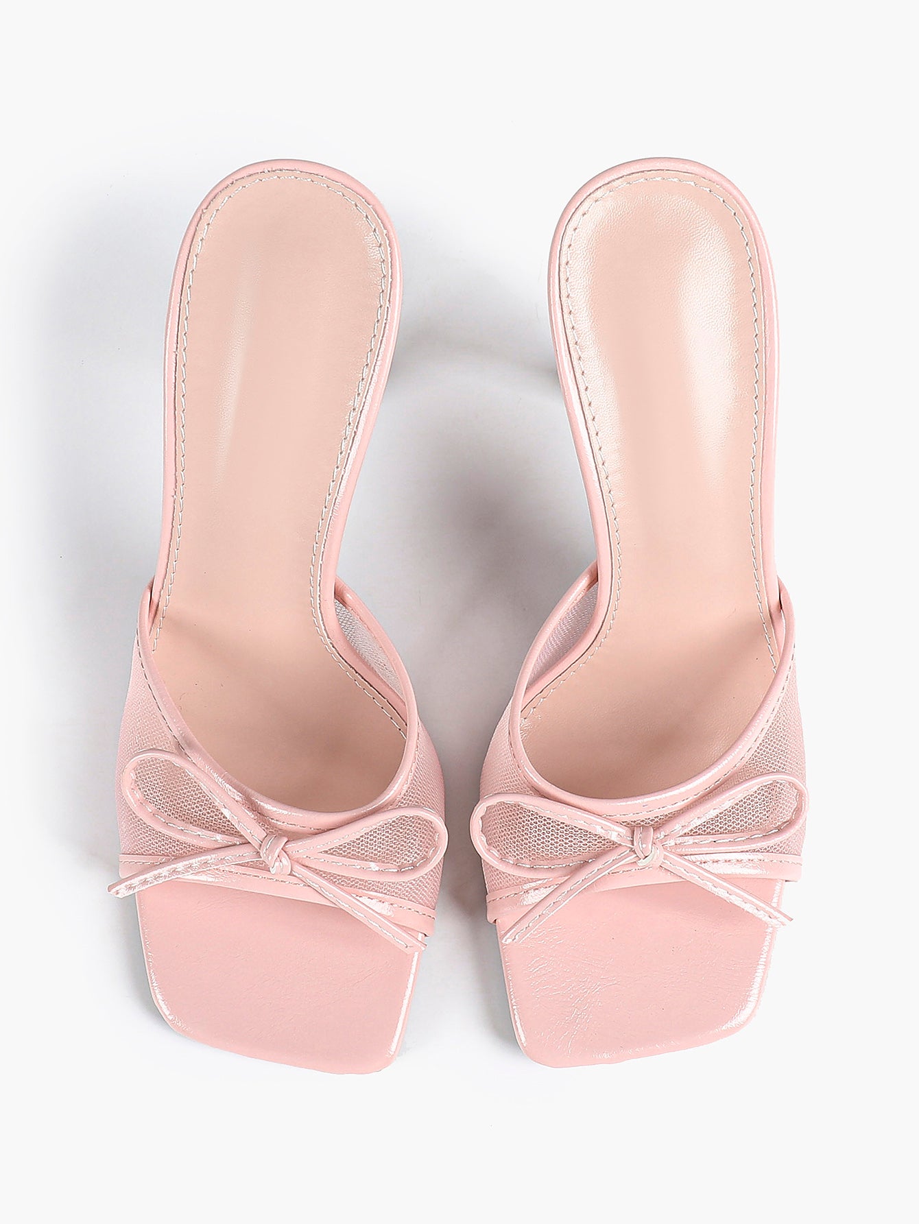 Pink Mesh Panel Bow Square Toe Heeled Mules Stiletto Slide Sandals Party Daily Wear