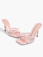 Pink Mesh Panel Bow Square Toe Heeled Mules Stiletto Slide Sandals Party Daily Wear