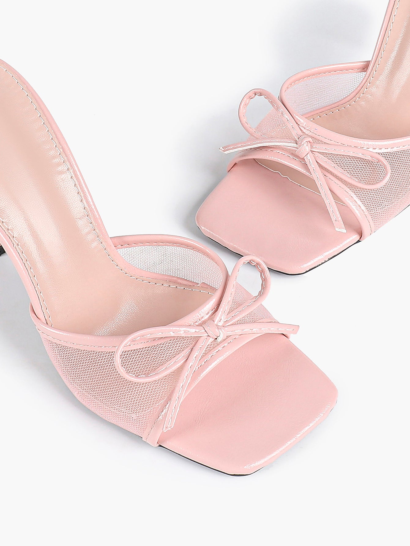 Pink Mesh Panel Bow Square Toe Heeled Mules Stiletto Slide Sandals Party Daily Wear