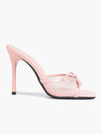 Pink Mesh Panel Bow Square Toe Heeled Mules Stiletto Slide Sandals Party Daily Wear