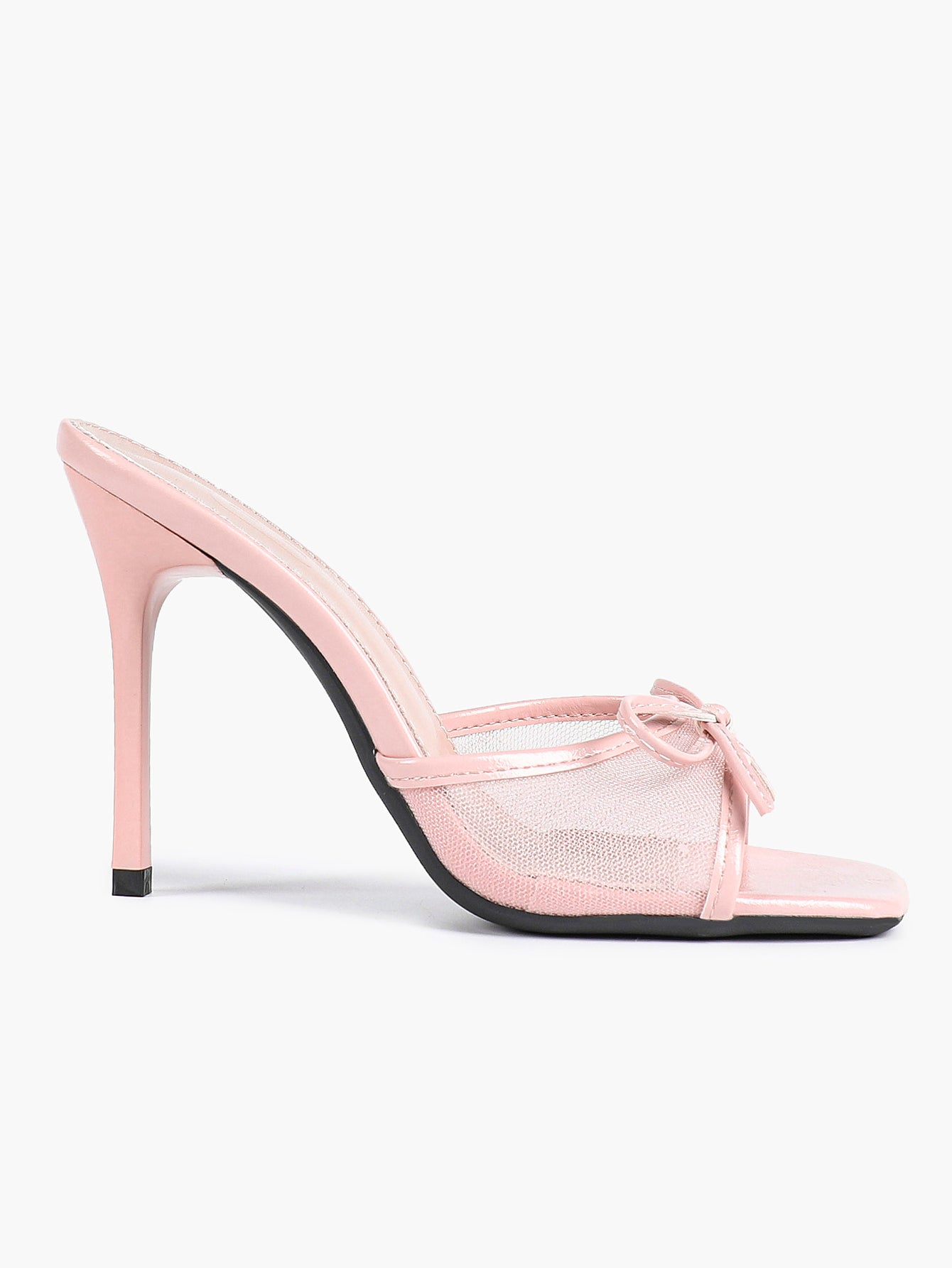 Pink Mesh Panel Bow Square Toe Heeled Mules Stiletto Slide Sandals Party Daily Wear