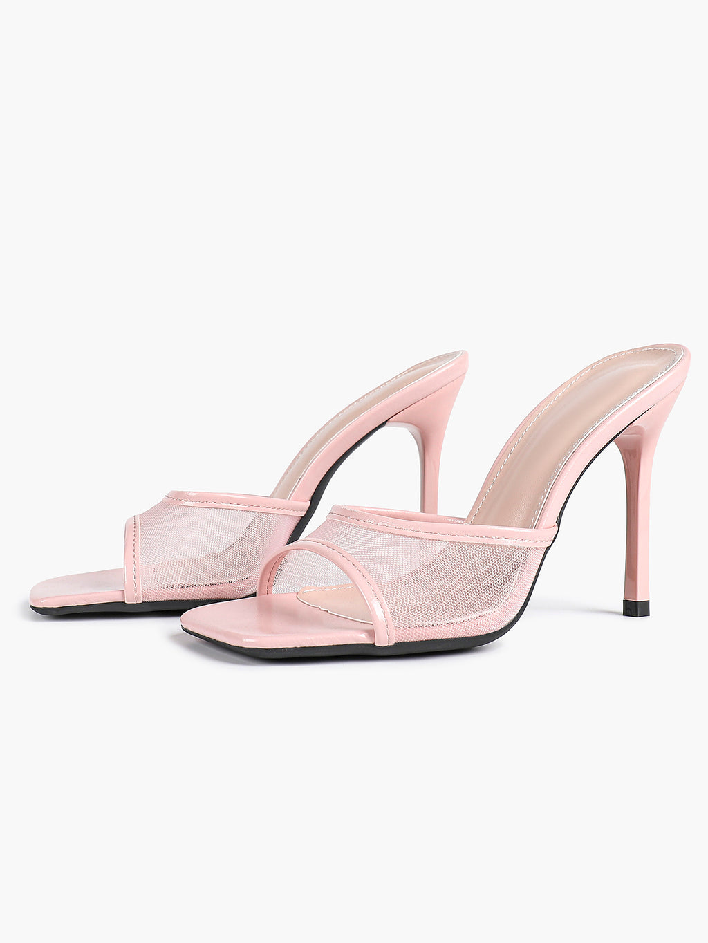 Women's Pink Mesh Panel Heel Mules Square Toe Slip-On Stiletto Sandals Party Date Shoes