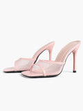 Women's Pink Mesh Panel Heel Mules Square Toe Slip-On Stiletto Sandals Party Date Shoes