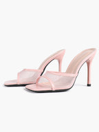 Women's Pink Mesh Panel Heel Mules Square Toe Slip-On Stiletto Sandals Party Date Shoes