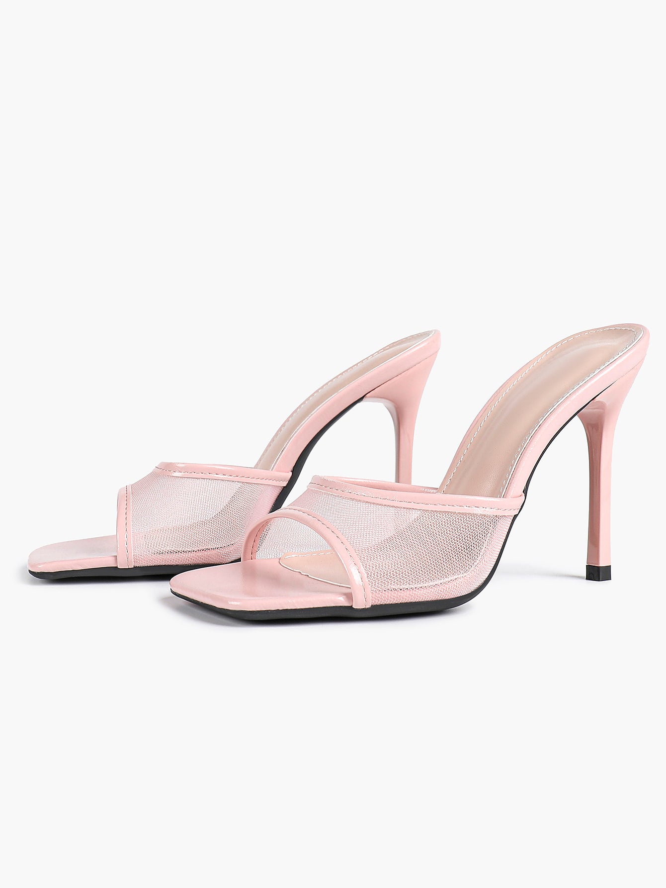 Women's Pink Mesh Panel Heel Mules Square Toe Slip-On Stiletto Sandals Party Date Shoes