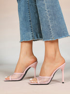 Women's Pink Mesh Panel Heel Mules Square Toe Slip-On Stiletto Sandals Party Date Shoes