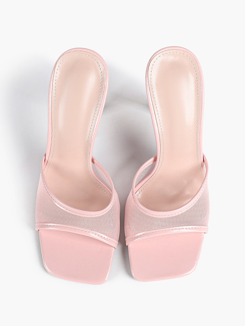 Women's Pink Mesh Panel Heel Mules Square Toe Slip-On Stiletto Sandals Party Date Shoes