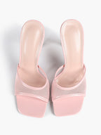 Women's Pink Mesh Panel Heel Mules Square Toe Slip-On Stiletto Sandals Party Date Shoes