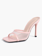 Women's Pink Mesh Panel Heel Mules Square Toe Slip-On Stiletto Sandals Party Date Shoes