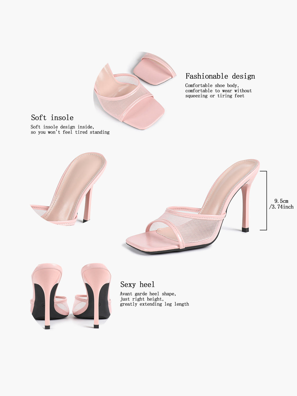 Women's Pink Mesh Panel Heel Mules Square Toe Slip-On Stiletto Sandals Party Date Shoes