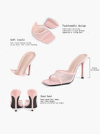 Women's Pink Mesh Panel Heel Mules Square Toe Slip-On Stiletto Sandals Party Date Shoes