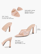 Pink Lace Embroidered Pointed Toe Mule Heels Slip-On Wide Strap Block Heels with Soft Insole