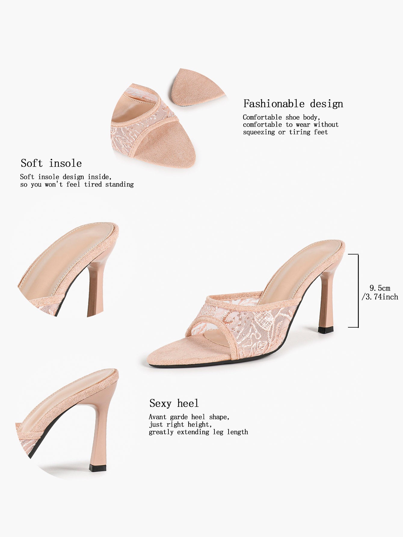 Pink Lace Embroidered Pointed Toe Mule Heels Slip-On Wide Strap Block Heels with Soft Insole