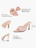 Pink Lace Embroidered Pointed Toe Mule Heels Slip-On Wide Strap Block Heels with Soft Insole