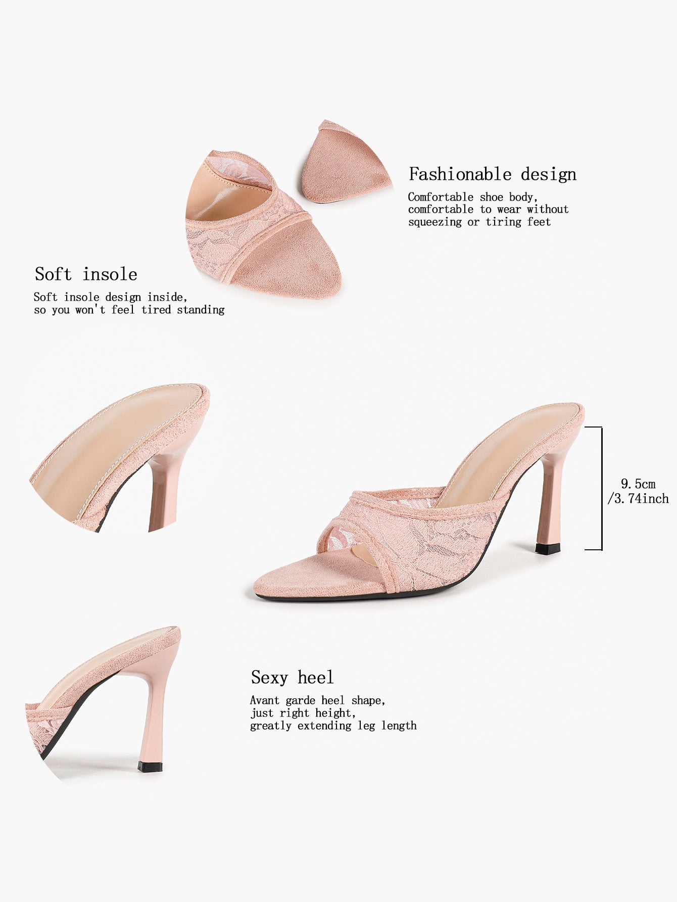Pink Lace Embroidered Pointed Toe Mule Heels Slip-On Wide Strap Block Heels with Soft Insole