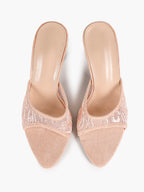 Pink Lace Embroidered Pointed Toe Mule Heels Slip-On Wide Strap Block Heels with Soft Insole
